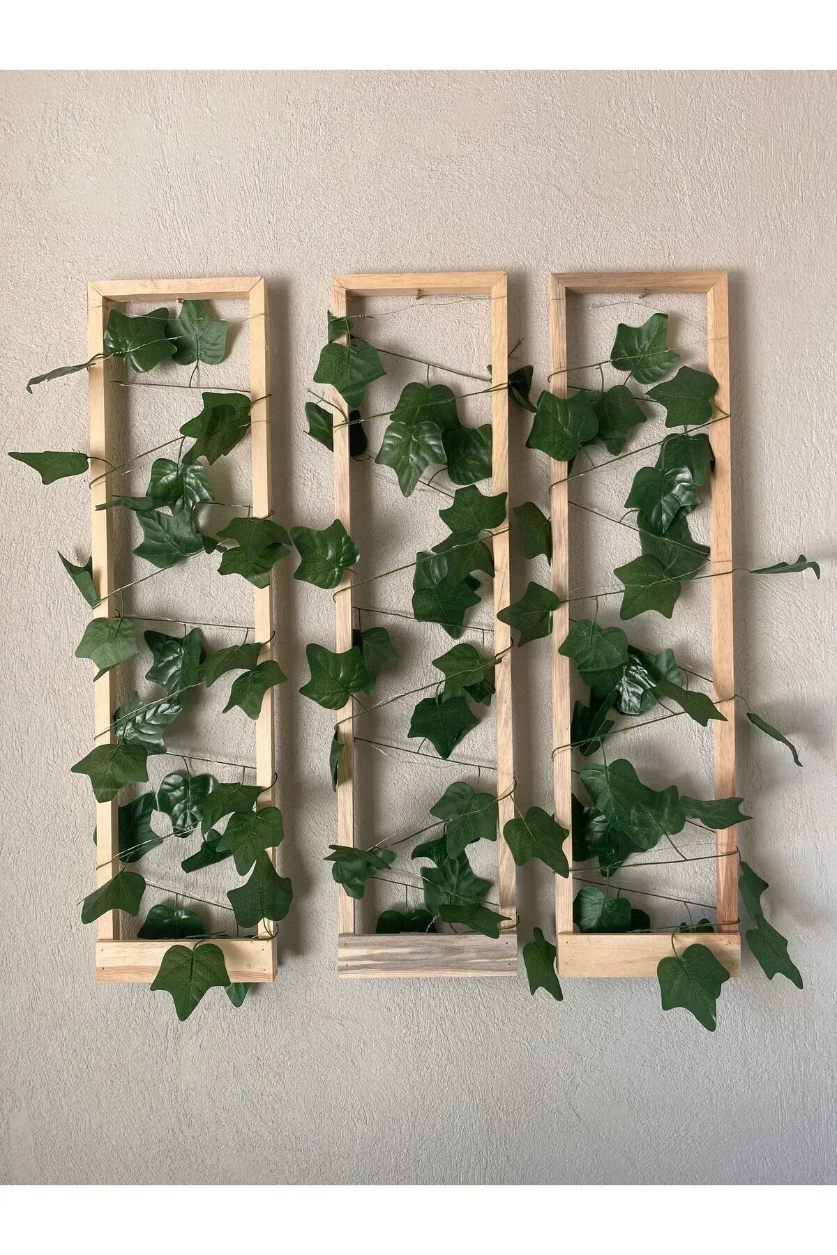  3'lü Ahşap Peri Ledli Sarmaşıklı Duvar Çıtası Kış Bahçesi Balkon Duvar Dekor Bohem Retro