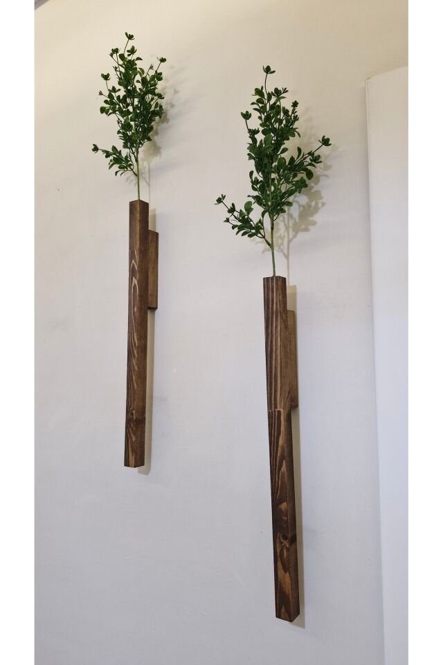  2'Li Dekoratif Ahşap Çiçeklik Duvar Dekoru Rustik Çiçeklik Yapay Çiçek Ev Antre Balkon Saksılık 50cm