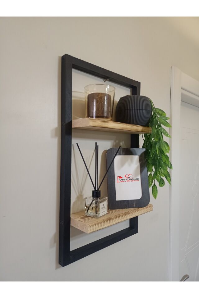  Lüx Dekoratif Siyah Ahşap Çerçeveli Iki Katlı Duvar Rafı Çiçeklik Duvar Süsü Ev Antre Balkon Rafı
