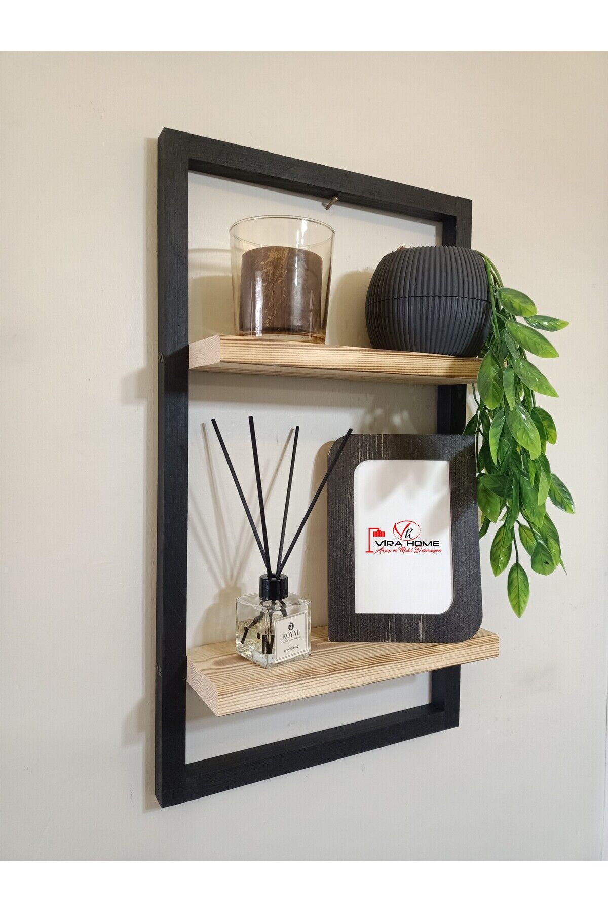  Lüx Dekoratif Siyah Ahşap Çerçeveli Iki Katlı Duvar Rafı Çiçeklik Duvar Süsü Ev Antre Balkon Rafı