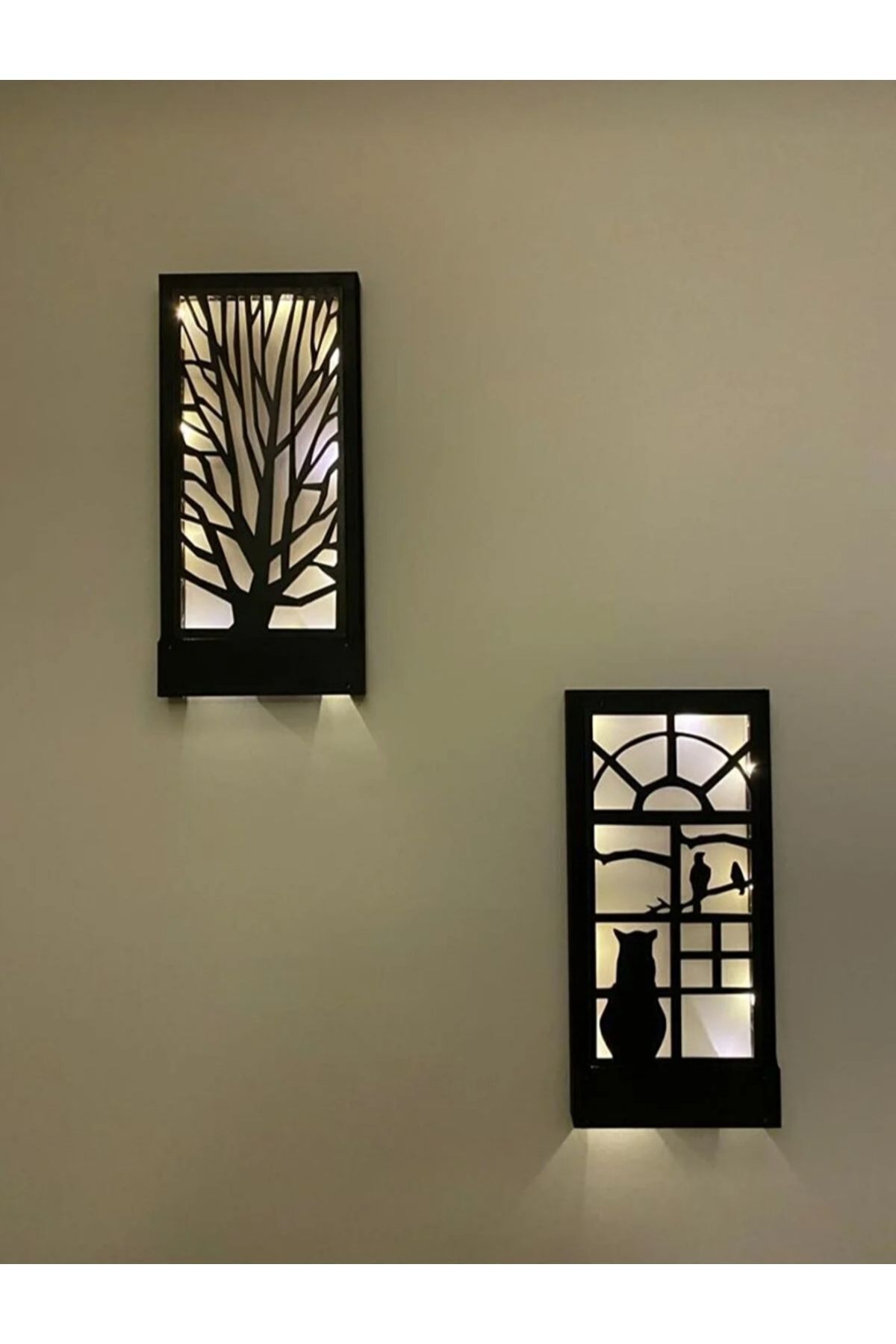  2'li Piller Hariç Peri Ledli Duvar Süsü Masif Ahşap 18x36 Tablo Gece Lamba Antre Hol Ev Hediyesi