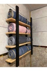 Dekoratif Masif Ahşap Banyo Havlu Düzenleyici Dört Katlı Organizer Duvar Rafı 60 cm