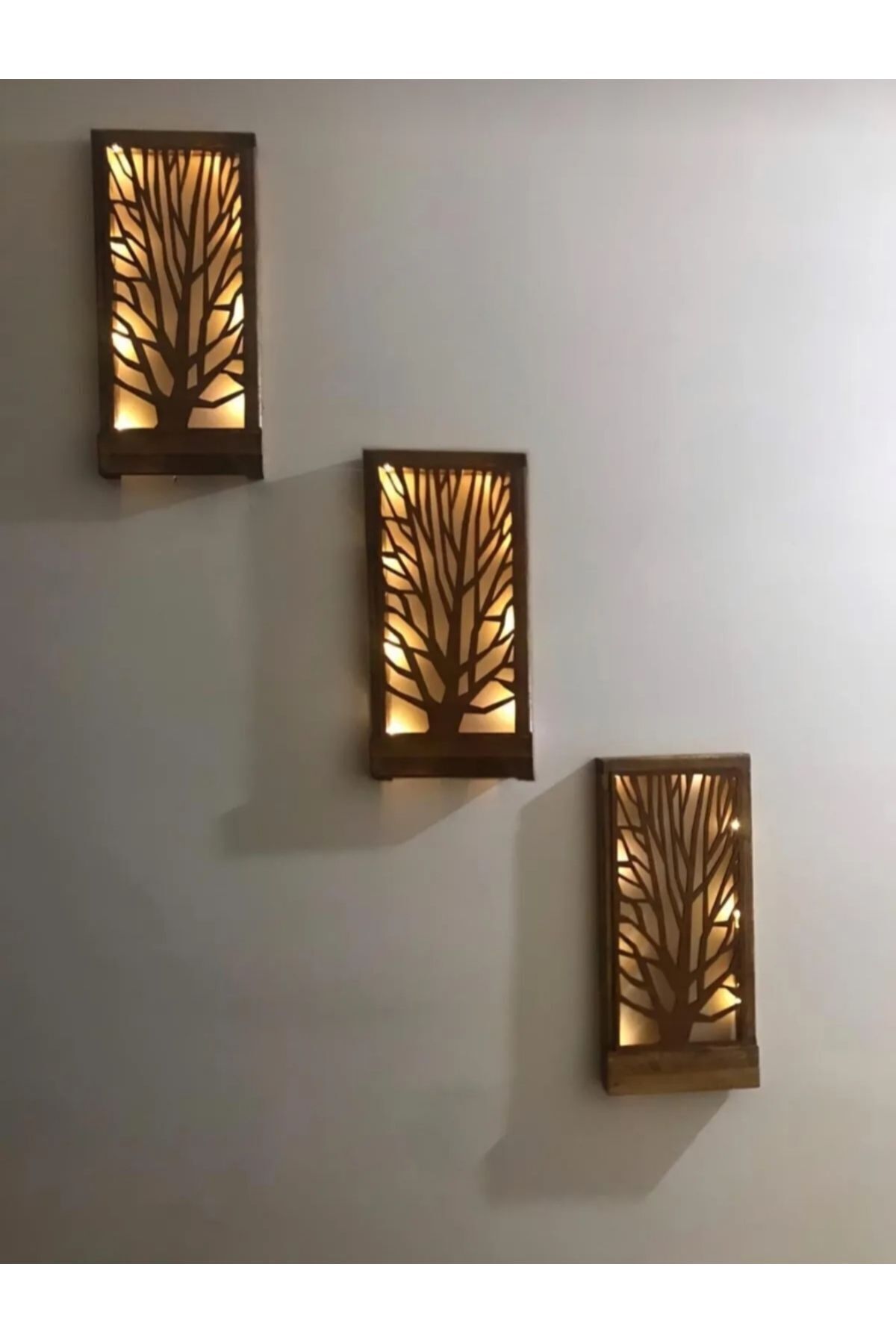  3 Lü Set Peri Ledli Ağaç Desenli Masif Panel Çerçeve Tablo Hol Duvar Süsü Ev Hediyesi 36x18