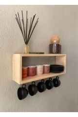 Bardaklık Kupa Askısı Yüzer Raf Dekoratif Kahve Köşesi Duvar Rafı Ahşap Fincanlik 40cm