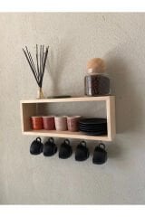 Bardaklık Kupa Askısı Yüzer Raf Dekoratif Kahve Köşesi Duvar Rafı Ahşap Fincanlik 40cm