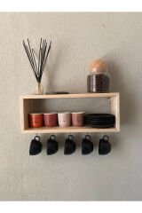 Bardaklık Kupa Askısı Yüzer Raf Dekoratif Kahve Köşesi Duvar Rafı Ahşap Fincanlik 40cm