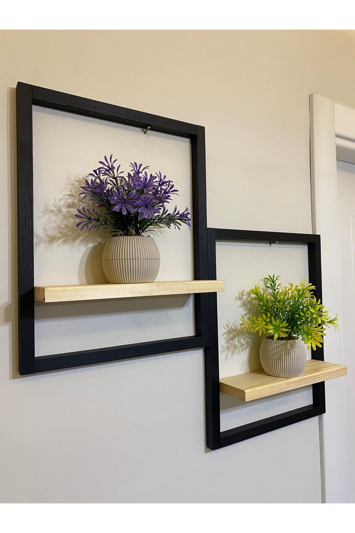 2' Li Lüx Dekoratif Siyah Ahşap Çerçeveli Raf Çiçeklik Duvar Süsü Ev Antre Hol Balkon Süsü