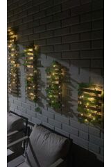 Peri Ledli Sarmaşıklı Ahşap Çiçeklik Balkon Dekor Gece Lambası Yapay Çiçek Dekoratif Aydınlatma