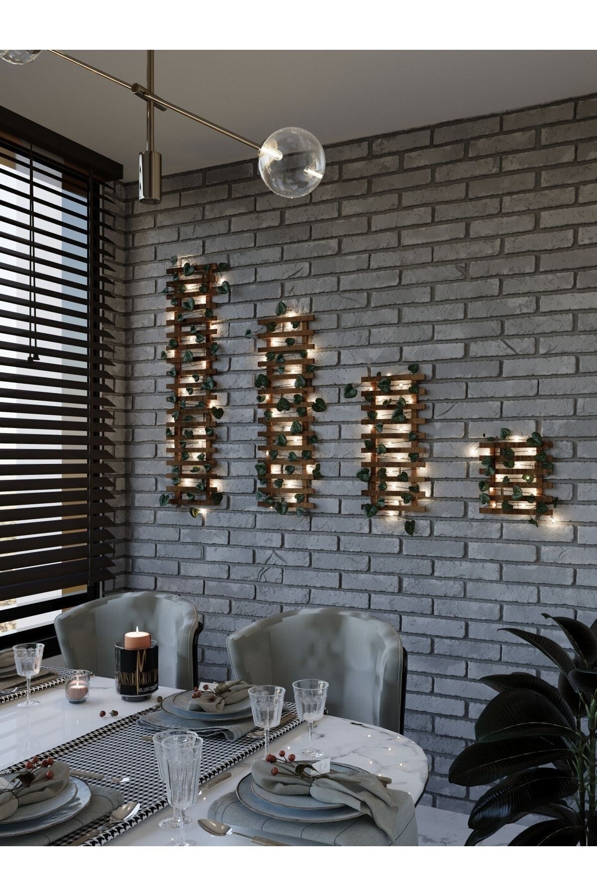 Peri Ledli Sarmaşıklı Ahşap Çiçeklik Balkon Dekor Gece Lambası Yapay Çiçek Dekoratif Aydınlatma