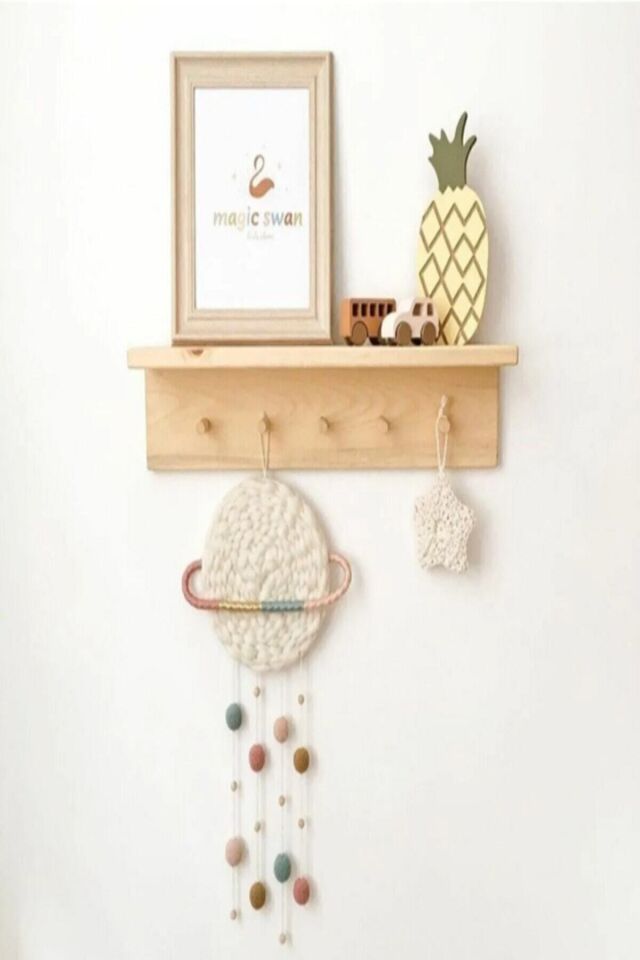  Tekli Lüx Ahşap Dekoratif Askılı Raf Bebek Odası Rafı Çocuk Odası Askısı 55 cm