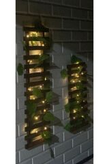 2 Li Peri Ledli Sarmaşıklı Ahşap Çiçeklik Balkon Dekor Duvar Dekor Yapay Çiçek Antre Hol