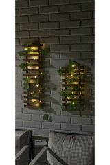 2 Li Peri Ledli Sarmaşıklı Ahşap Çiçeklik Balkon Dekor Duvar Dekor Yapay Çiçek Antre Hol