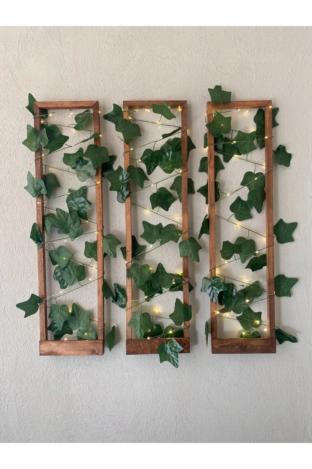 3'lü Ahşap Peri Ledli Sarmaşıklı Duvar Çıtası Kış Bahçesi Balkon Duvar Dekor Bohem Retro