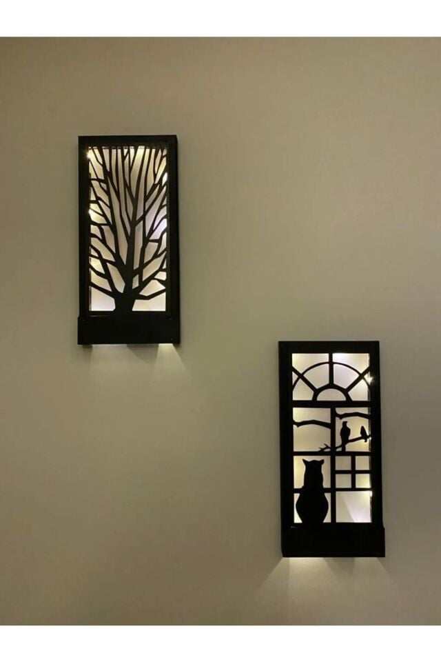  2'li Piller Hariç Peri Ledli Duvar Süsü Masif Ahşap 18x36 Tablo Gece Lamba Antre Hol Ev Hediyesi