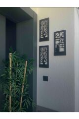 Siyah Dekoratif Peri Ledli Ağaç Ve Kedi Desenli Ahşap Tablo Antre Hol Dekoru Balkon Dekorasyonu