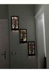 Siyah Dekoratif Peri Ledli Ağaç Ve Kedi Desenli Ahşap Tablo Antre Hol Dekoru Balkon Dekorasyonu