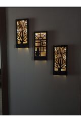 Siyah Dekoratif Peri Ledli Ağaç Ve Kedi Desenli Ahşap Tablo Antre Hol Dekoru Balkon Dekorasyonu