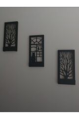 Siyah Dekoratif Peri Ledli Ağaç Ve Kedi Desenli Ahşap Tablo Antre Hol Dekoru Balkon Dekorasyonu