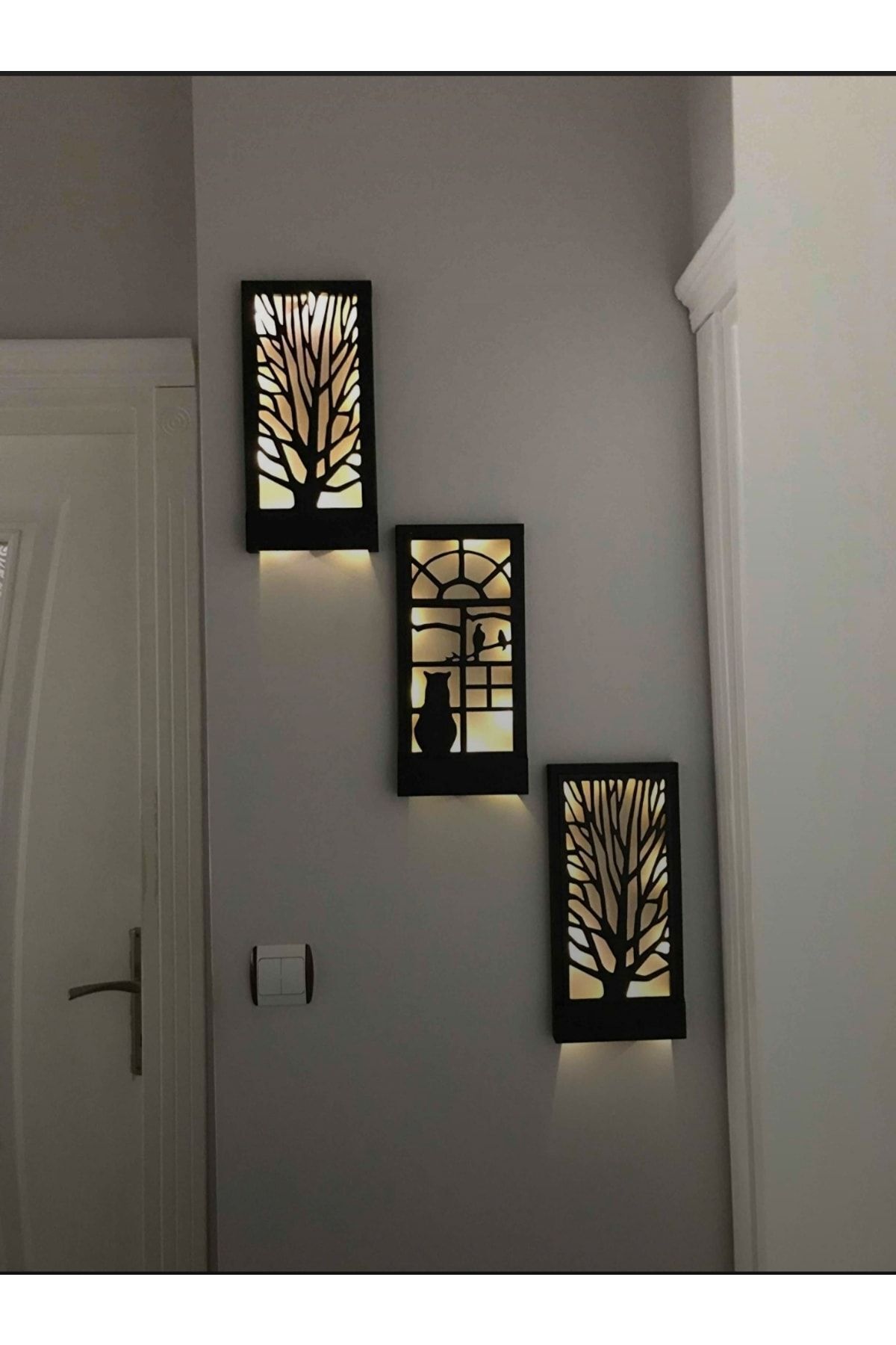 Siyah Dekoratif Peri Ledli Ağaç Ve Kedi Desenli Ahşap Tablo Antre Hol Dekoru Balkon Dekorasyonu