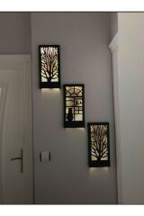 Siyah Dekoratif Peri Ledli Ağaç Ve Kedi Desenli Ahşap Tablo Antre Hol Dekoru Balkon Dekorasyonu