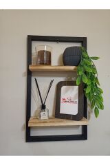 Lüx Dekoratif Siyah Ahşap Çerçeveli Iki Katlı Duvar Rafı Çiçeklik Duvar Süsü Ev Antre Balkon Rafı