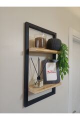 Lüx Dekoratif Siyah Ahşap Çerçeveli Iki Katlı Duvar Rafı Çiçeklik Duvar Süsü Ev Antre Balkon Rafı