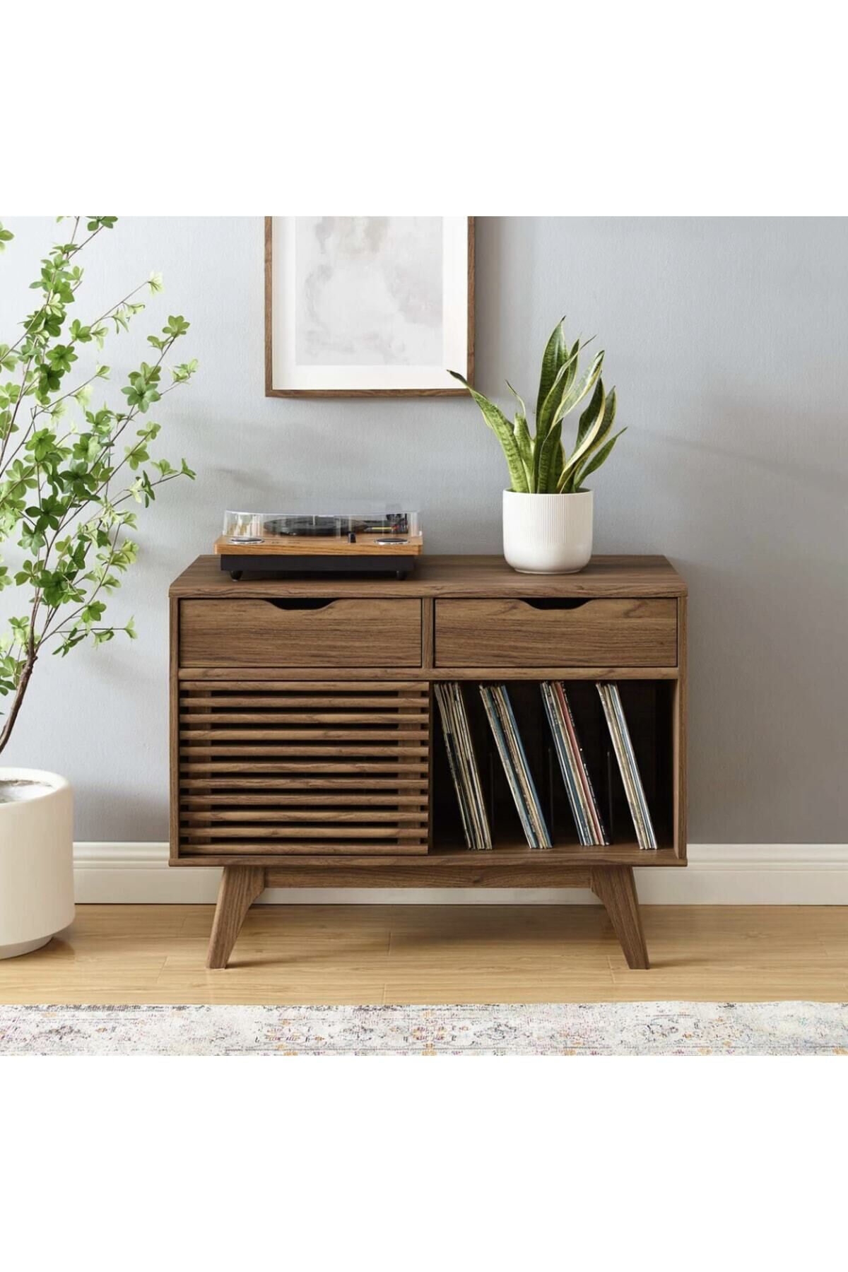  Ahşap Konsol Pikap Dolabı Sürgülü Kapaklı Konsol Dresuar Plak Dolabı