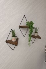 3 Lü Lüks Doğal Masif Ahşap Dekoratif Üçgen Raf Balkon Tanzim Çiçeklik Saksılık