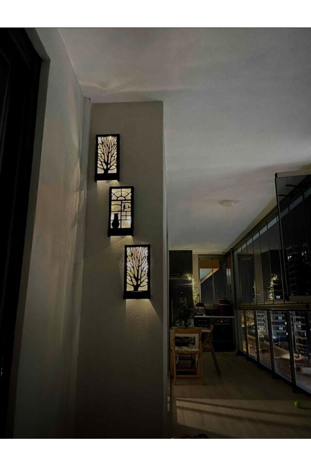  Siyah Dekoratif Peri Ledli Ağaç Ve Kedi Desenli Ahşap Tablo Antre Hol Dekoru Balkon Dekorasyonu