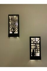 2'li Piller Hariç Peri Ledli Duvar Süsü Masif Ahşap 18x36 Tablo Gece Lamba Antre Hol Ev Hediyesi