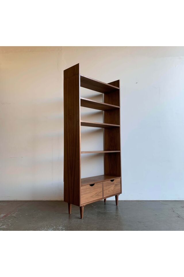  Ahşap Çift Çekmeceli Koyu Ceviz Model Kitaplık