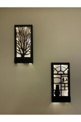 2'li Piller Hariç Peri Ledli Duvar Süsü Masif Ahşap 18x36 Tablo Gece Lamba Antre Hol Ev Hediyesi