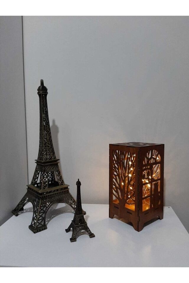  Dekoratif Mini Özel Tasarım Ahşap Abajur Masa Süsü Peri Ledli Kedi Ve Ağaç Desenli 20x10cm