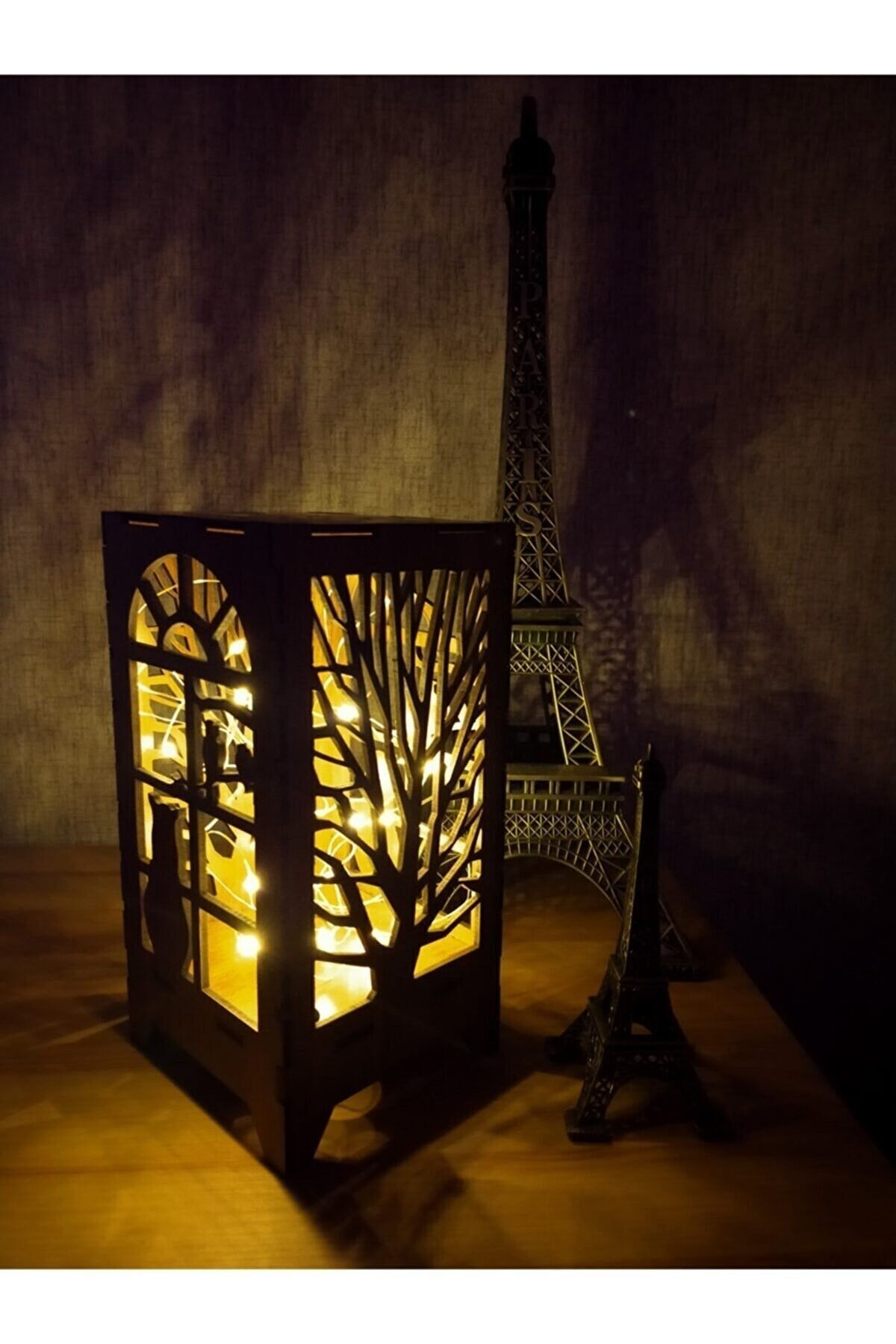  Dekoratif Mini Özel Tasarım Ahşap Abajur Masa Süsü Peri Ledli Kedi Ve Ağaç Desenli 20x10cm