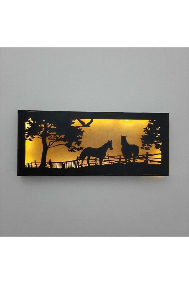  Dekoratif Ledli Duvar Süsü At Çiftliği Figürlü Hediyelik Ahşap Mdf Tablo Gece Lambası Piller Dahil