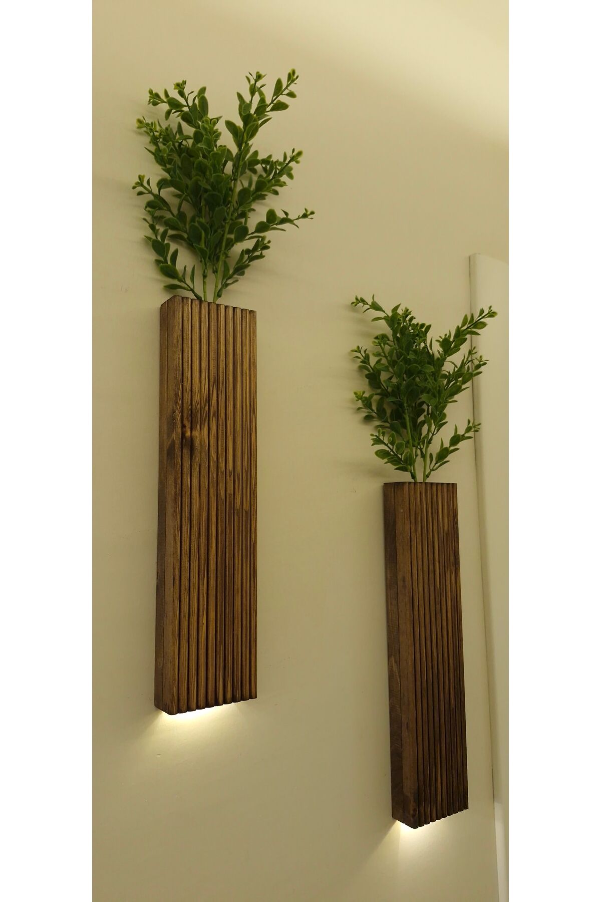 2 Li Lüks Peri Ledli Ahşap Çiçeklik Dekoratif Aydınlatma Balkon Dekoru Otel Cafe Rustik 40cm