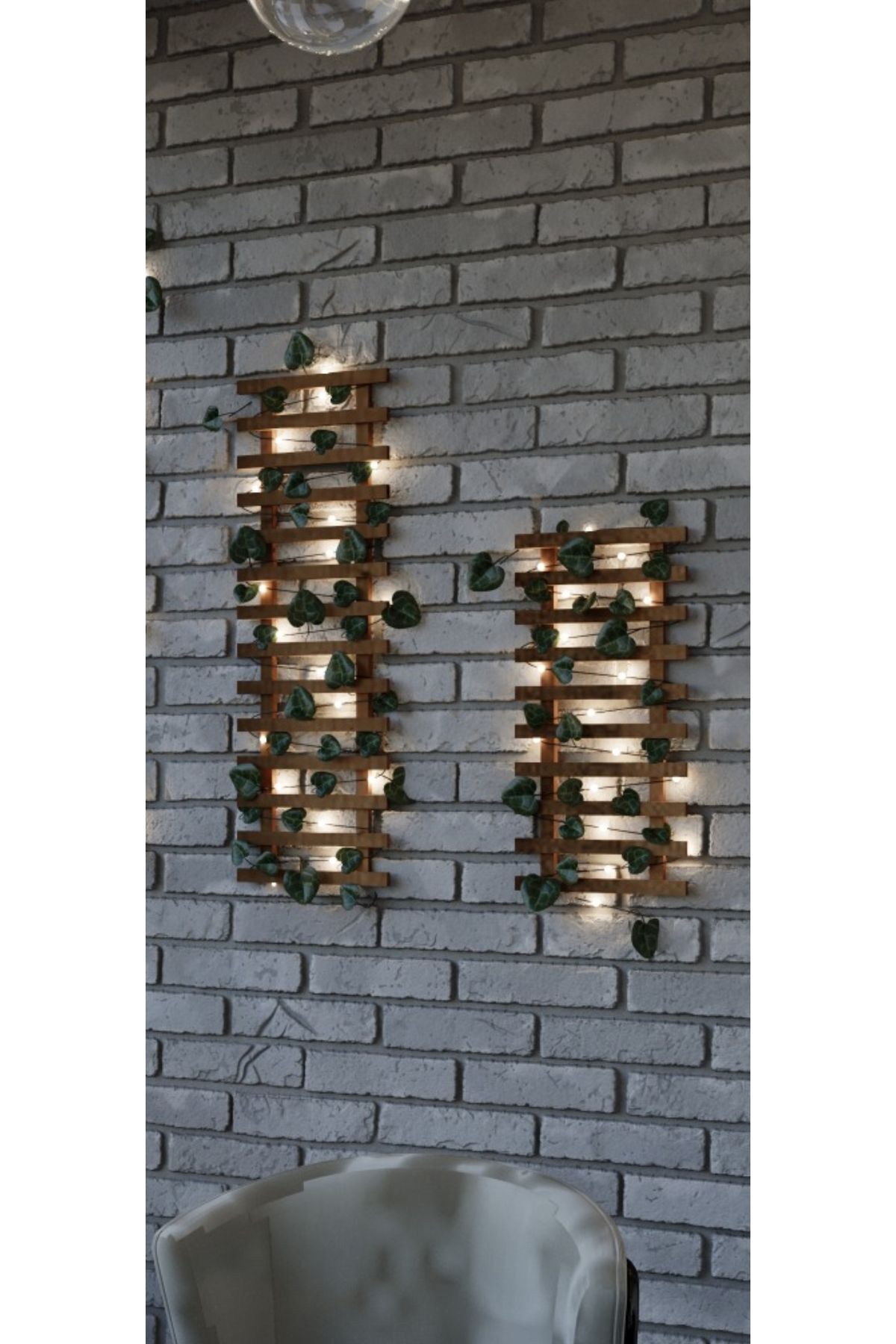  2 Li Peri Ledli Sarmaşıklı Ahşap Çiçeklik Balkon Dekor Duvar Dekor Yapay Çiçek Antre Hol