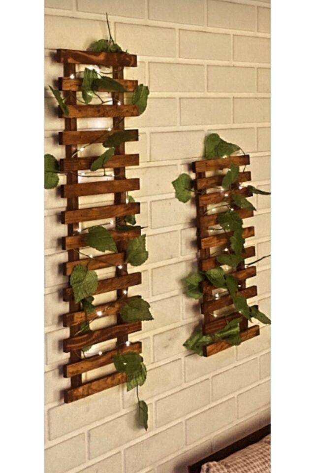  2 Li Peri Ledli Sarmaşıklı Ahşap Çiçeklik Balkon Dekor Duvar Dekor Yapay Çiçek Antre Hol