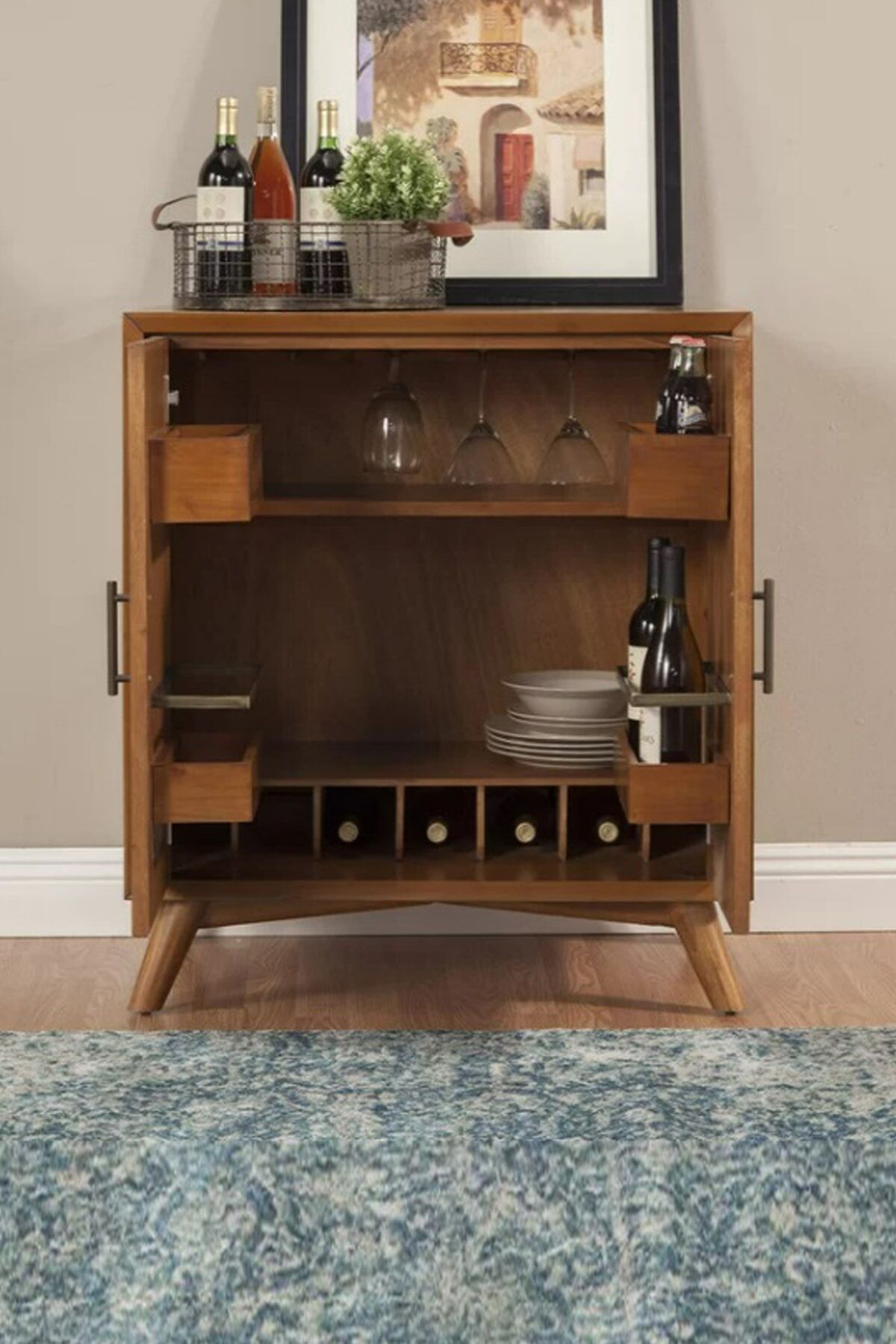  Geniş Saklama Alanlı Ahşap Bar Dolabı-şaraplık-bardaklık-100cm