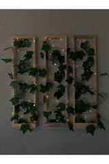 3'lü Ahşap Peri Ledli Sarmaşıklı Duvar Çıtası Kış Bahçesi Balkon Duvar Dekor Bohem Retro