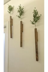 3'Lü Dekoratif Ahşap Çiçeklik Duvar Dekoru Rustik Çiçeklik Yapay Çiçek Ev Antre Balkon Saksılık 50cm