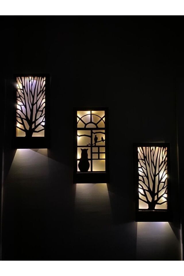  Üçlü Set Peri Ledli Masif Panel Dekoratif Tablo Duvar Süsü Ev Antre Balkon Süsü 36x18cm Piller Hariç