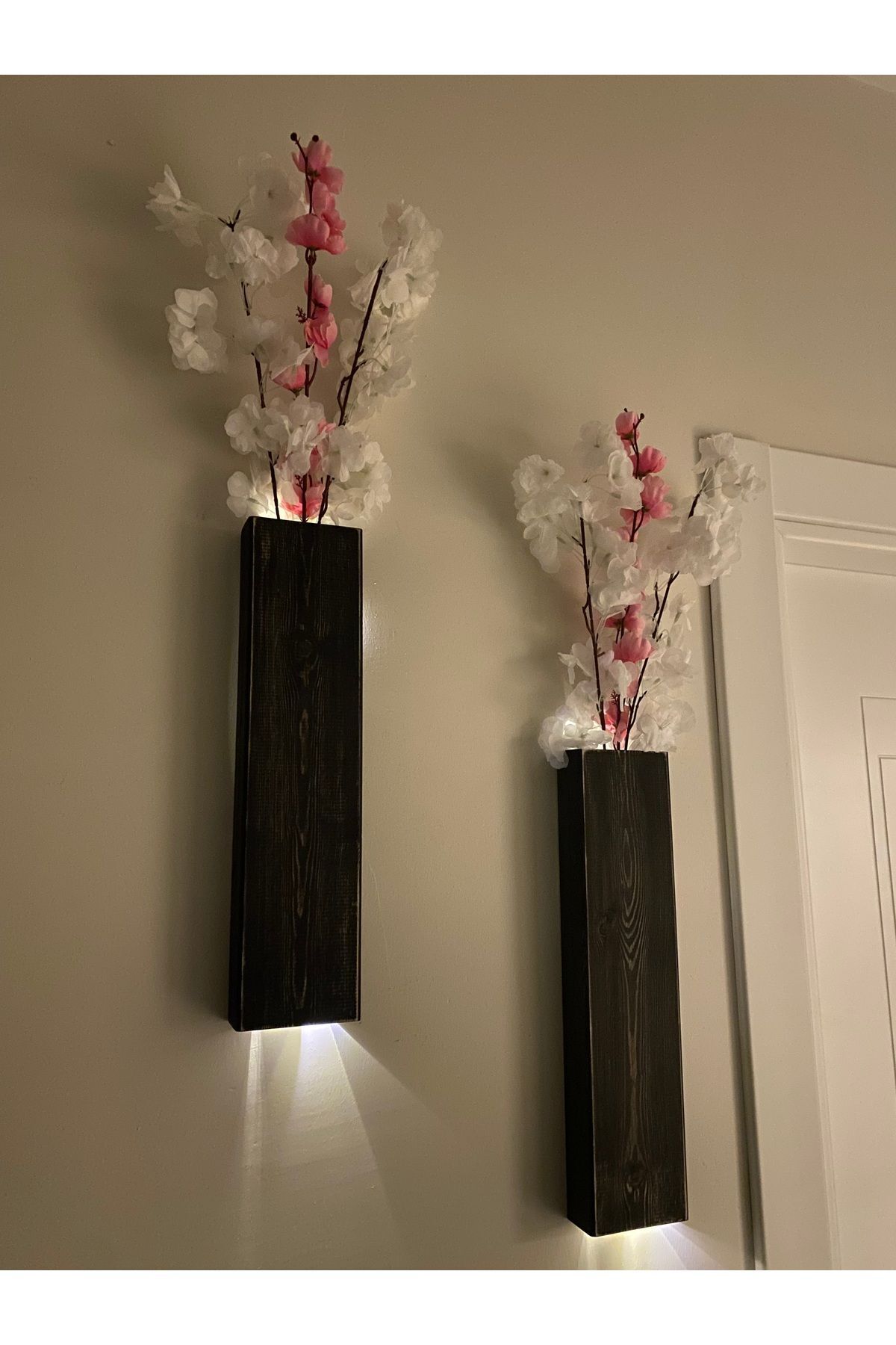 2 Li Lüx Ahşap Çiçeklik Peri Ledli Aranjman Dekoratif Aydınlatma Ev Hediyesi Cafe Otel 40cm