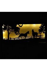 Dekoratif Ledli Duvar Süsü At Çiftliği Figürlü Hediyelik Ahşap Mdf Tablo Gece Lambası Piller Dahil