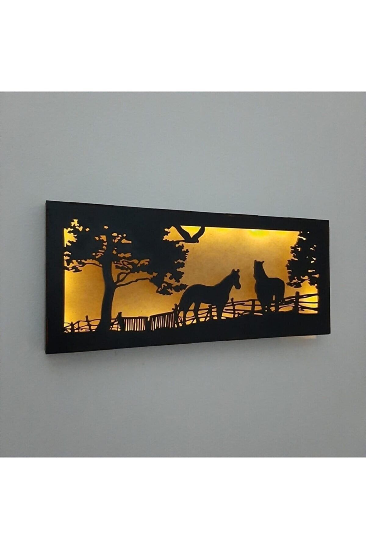 Dekoratif Ledli Duvar Süsü At Çiftliği Figürlü Hediyelik Ahşap Mdf Tablo Gece Lambası Piller Dahil