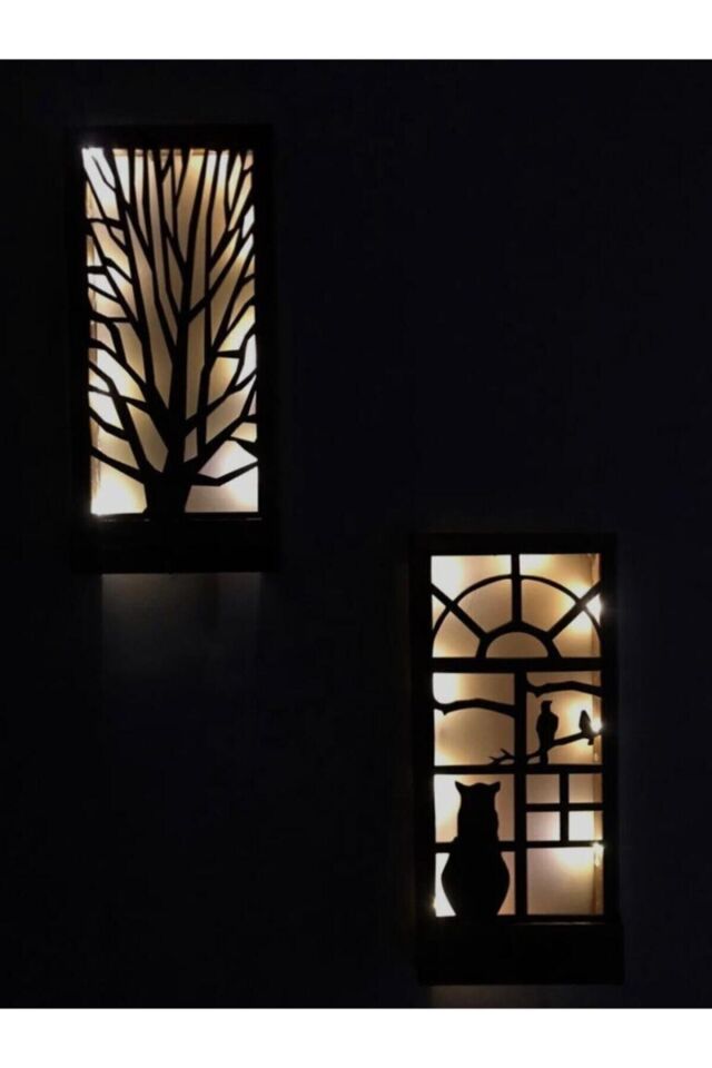  Piller Hariç Peri Ledli Desenli Duvar Süsü Masif Ahşap 18x36 Tablo Gece Lamba Antre Hol Ev Hediyesi