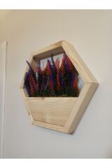 Lüks Dekoratif Ahşap Altıgen Duvar Saksısı Yapay Çiçek Dahil Taş Yosunlu Saksılık Duvar Dekorasyon