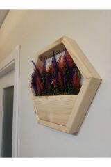 Lüks Dekoratif Ahşap Altıgen Duvar Saksısı Yapay Çiçek Dahil Taş Yosunlu Saksılık Duvar Dekorasyon