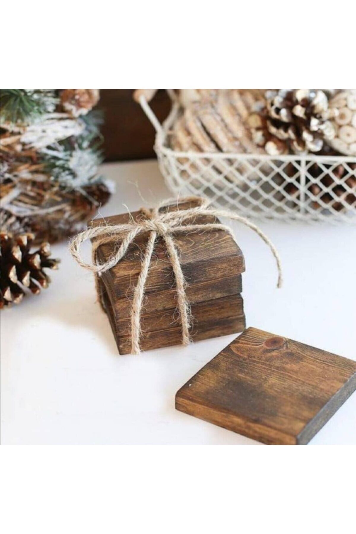  4 Adet Ahşap Kare Bardak Altlığı Ceviz Wood