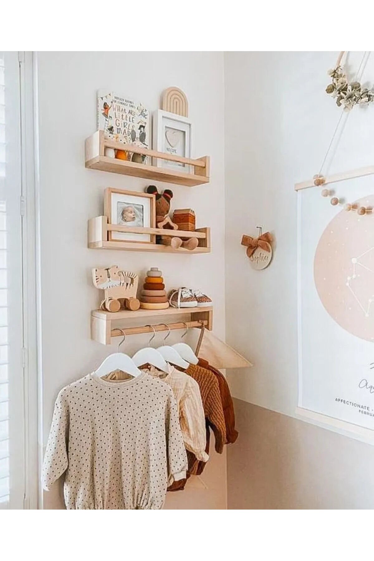  Masif Ahşap Montessori Kitaplık Çocuk Bebek Odası Rafı Ahşap Askılık Ters Düz Raf 60x9 cm (3 Adet)